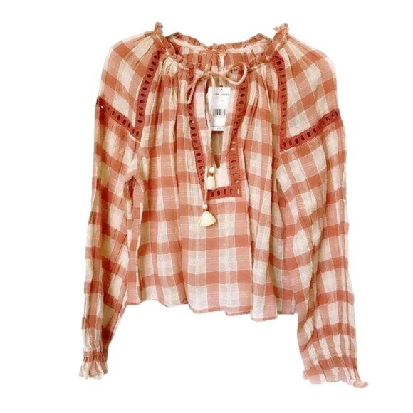 Free People - Honey Grove Plaid Top, size XS,  orange red white, NWT - Picture 1 of 7